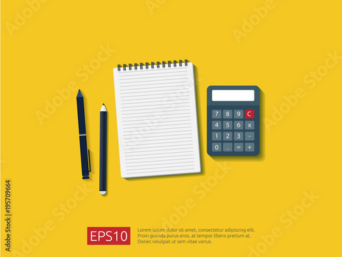 top view of empty note paper sheet with calculator, pencil and pen on workdesk vector illustration