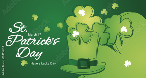 Saint Patricks Day clover hat green line art background greeting card banner