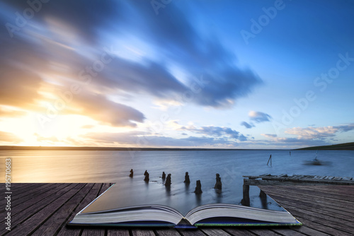 Billede på lærred Creative book image of Beautiful vibrant sunset landscape image of Fleet Lagoon