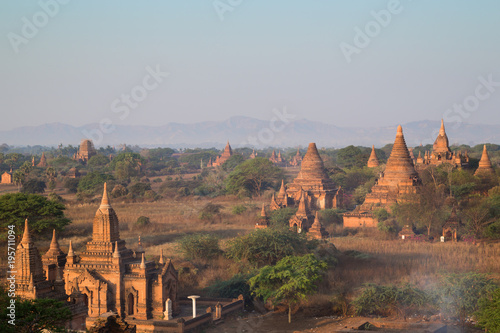 Many temples, pagodas and stupas at the ancient plain of Bagan viewed from the Shinbinthalyaung Temple in Myanmar (Burma), in the morning.