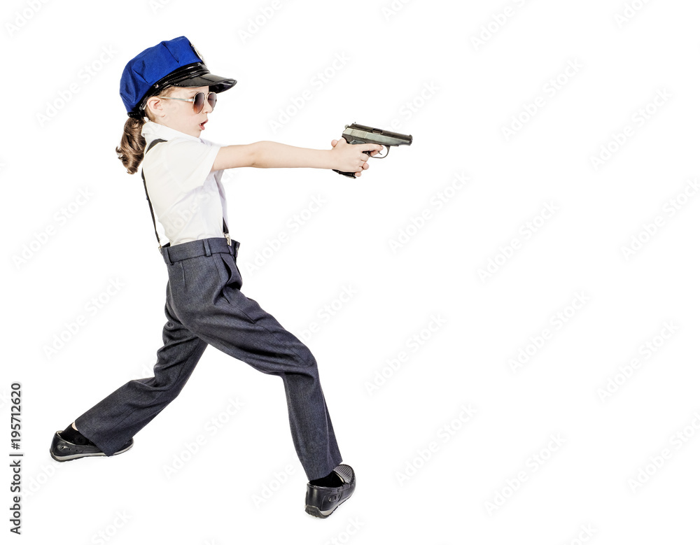 Little long-haired boy, like a policeman, isolated on white Little long-haired boy, like a policeman, isolated on white