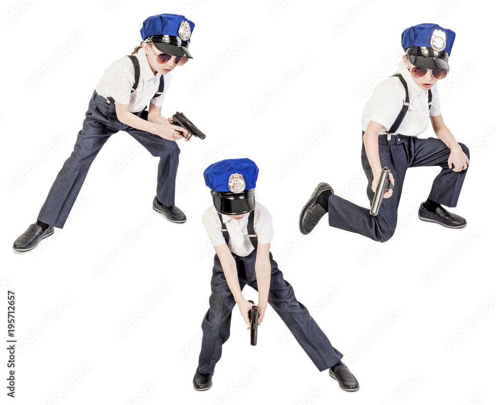 Little long-haired boy as a policeman, isolated on white Little long-haired boy as a policeman, isolated on white