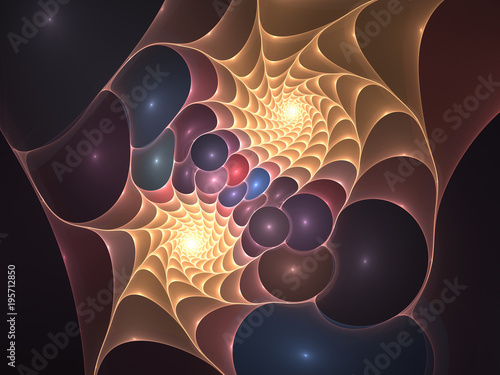 Colourful web of spiralling fractal shapes