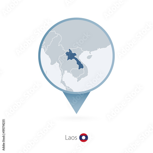 Map pin with detailed map of Laos and neighboring countries. photo