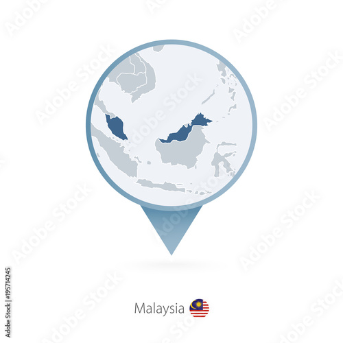 Map pin with detailed map of Malaysia and neighboring countries.