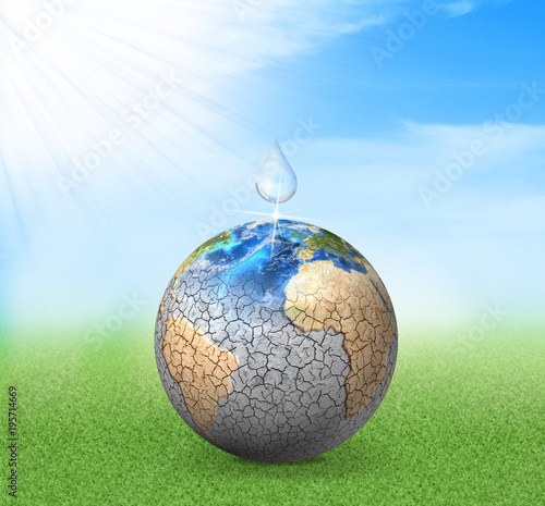 Water drop falls to dried planet. 