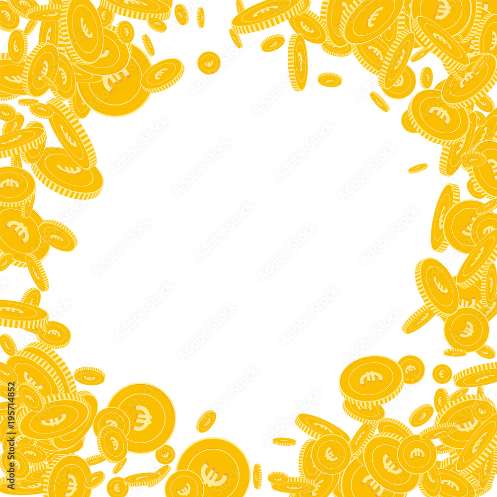 European Union Euro coins falling. Scattered floating EUR coins on white background. Grand round random frame vector illustration. Jackpot or success concept.