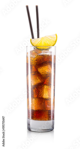 Soda juice cocktail in classical glass with slice of lemon and tube isolated on white background with clipping path