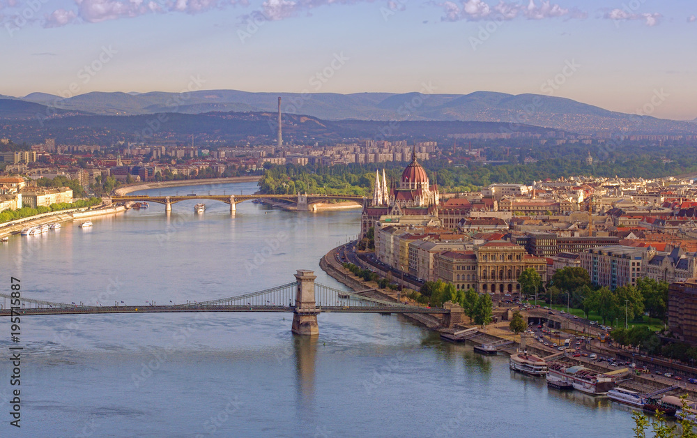 panorama of Budapest city with Danube river and Chain bridge. Hungary