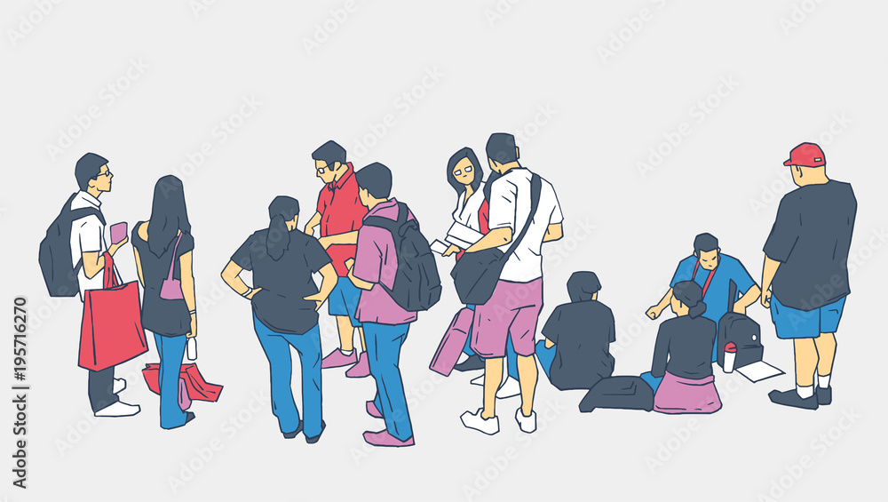 Illustration of people waiting standing sitting in line
