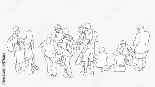 Illustration of people waiting standing sitting in line