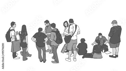 Illustration of people waiting standing sitting in line