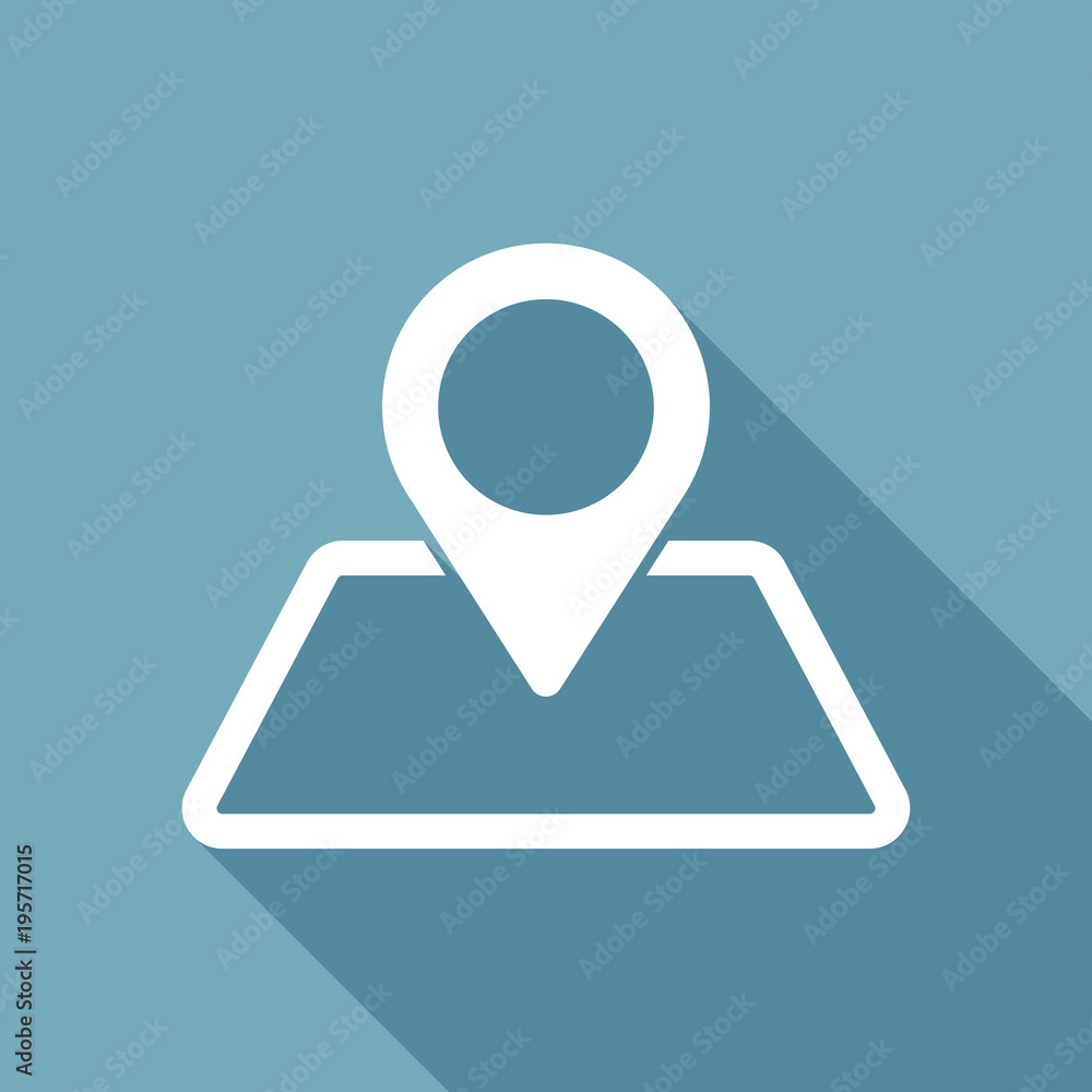 label on map. simple silhouette. White flat icon with long shadow on background label on map. simple silhouette. White flat icon with long shadow on background