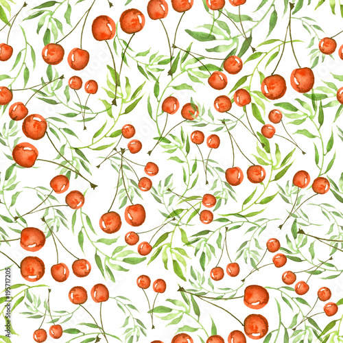 Watercolor seamless background with berries of cherries, leaves. A beautiful vintage pattern, an ornament for your design, wallpaper, textiles, packaging, cards. Fashionable art drawing 