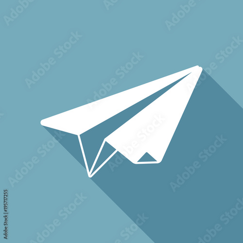 paper plane. origami glider. White flat icon with long shadow on background