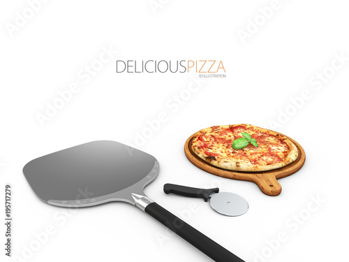 Homemade pizza on a shovel, isolated white, 3d Illustration
