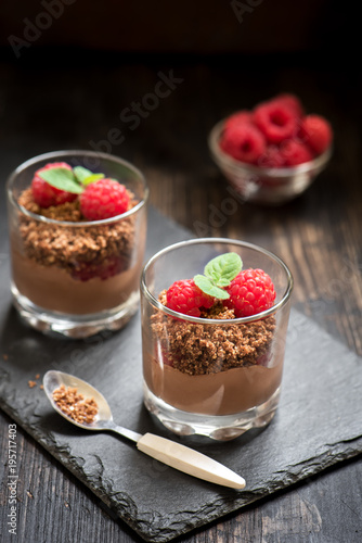 Chocolate dessert with raspberries