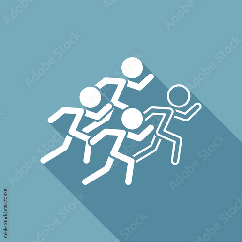 running people. team with leader. White flat icon with long shadow on background