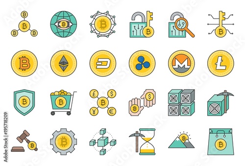 cryptocurrency related icon set, flat design