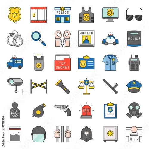 Police related icon set, filled outline design vector