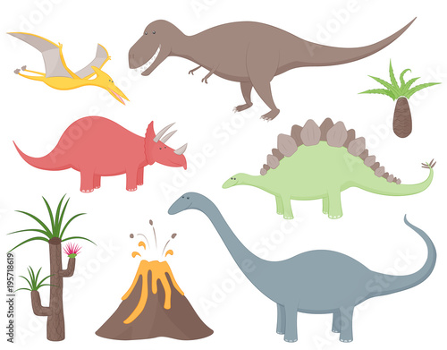 Fototapeta Naklejka Na Ścianę i Meble -  Set of dinosaurs including Tyrannosaurus Rex, Stegosaurus, Triceratops, Diplodocus, Pteradactyl, prehistoric plants and volcano. Isolated from background. Vectors in ai and eps(10) format.