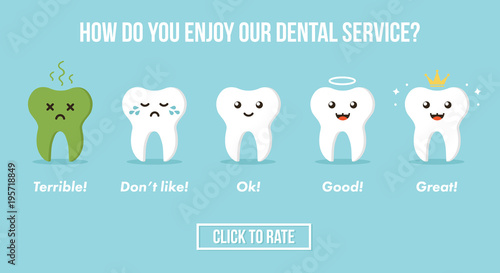 Dental care service rating with cute teeth characters with different emotions, emoji. Concept of voting.