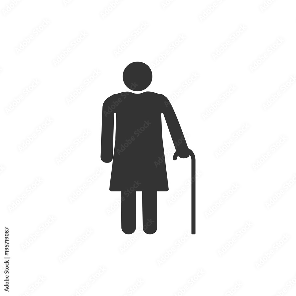 Old woman with a cane. Grey on white background. Flat design. Vector illustration. Old woman with a cane. Grey on white background. Flat design. Vector illustration.