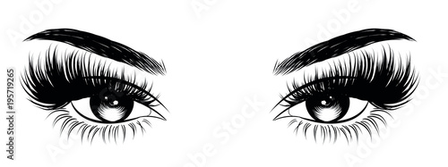 Illustration of woman's sexy luxurious eye with perfectly shaped eyebrows and full lashes. Hand-drawn Idea for business visit card, typography vector. Perfect salon look.