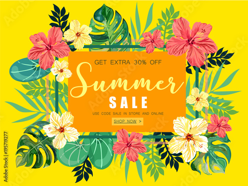 Summer Sale tropical Banner Background.
