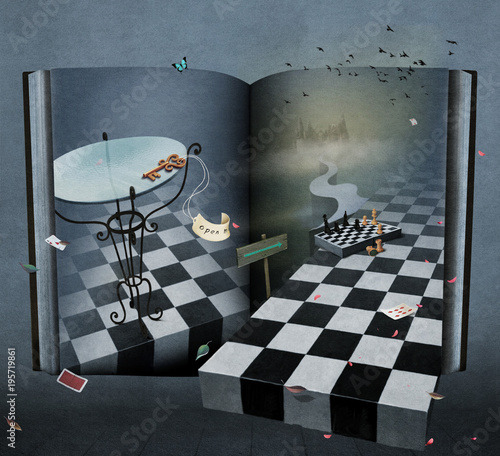 Conceptual fantasy illustration or poster with  book Wonderland. 
