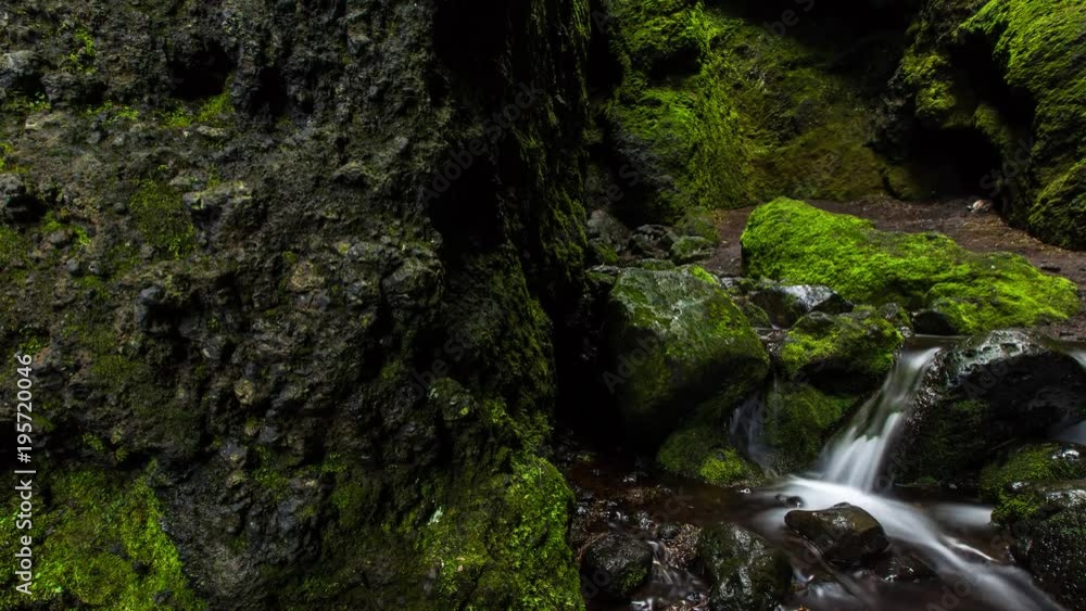green mossy canyon in Iceland filmed with as a pan slider timelapse moving across the canyon with a small stream in the foreground green mossy canyon in Iceland filmed with as a pan slider timelapse moving across the canyon with a small stream in the foreground