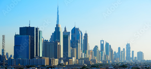 Panoramic view of skyscrapers of Dubai World Trade center
