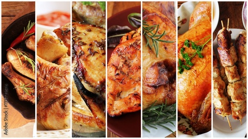 Collage of chicken meals . Set from various kinds of restaurant menu dishes in stripes photo