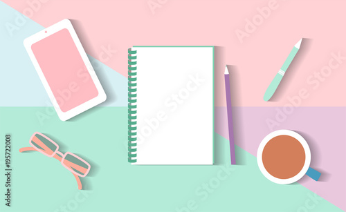 Office desk table with office supplies, modern design light colors vector illustration 