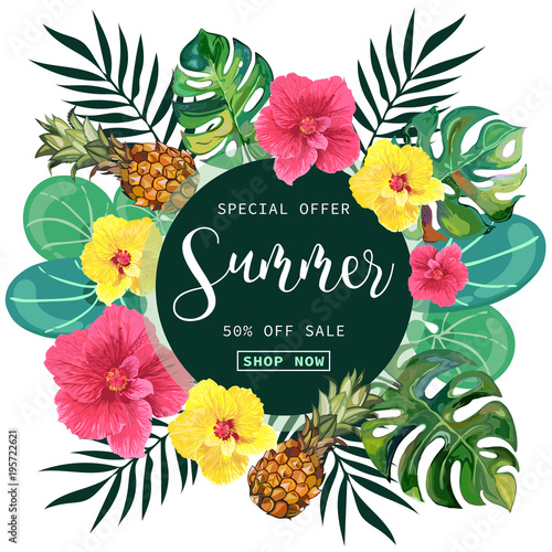 Summer Sale tropical Banner Background.