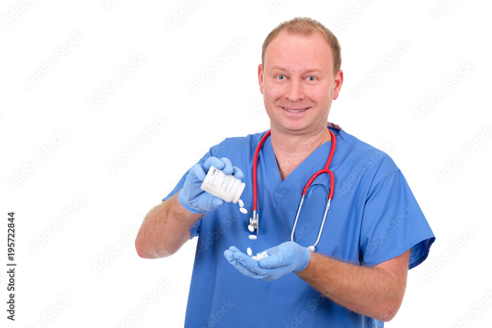 Male doctor with blue gloves holding bottle and offering pills. Legal drug store concept. Isolated on white background Male doctor with blue gloves holding bottle and offering pills. Legal drug store concept. Isolated on white background