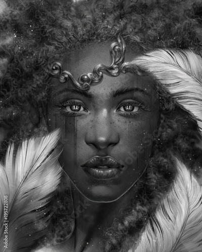 digital illustration of fantasy black African woman girl female princess with feather and pearl