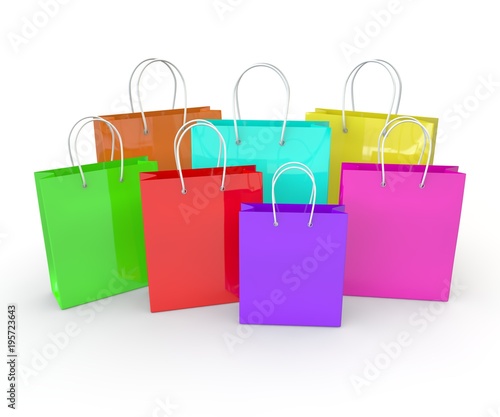Multicolored empty bags for goods and products on a white isolated background