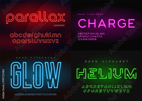 Set of glowing neon vector typefaces, alphabets, letters, fonts,