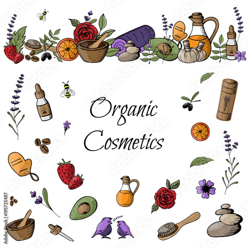 Doodle with colored organic  products and cosmetics hand-drawn.