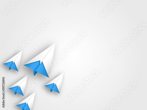 Set of origami airplanes on grey background represent concept of travelling. Paper art style of business teamwork creative concept idea. Vector illustration.
