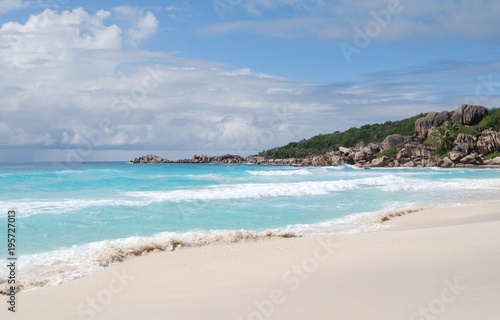 Seychelles, the island of La Digue. Beach and granite rocks