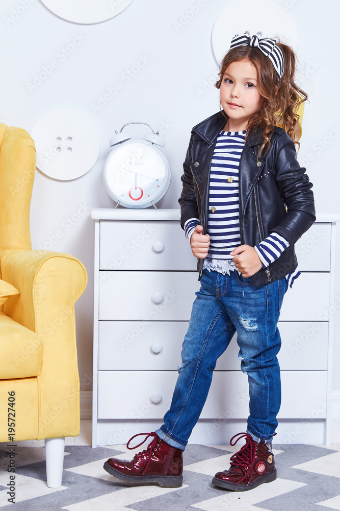 Fashion style clothes for child small little girl wear strip t shirt denim jeans lather jacket