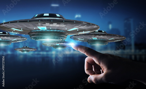 Fototapeta Naklejka Na Ścianę i Meble -  Businessman with retro UFO spaceship 3D rendering