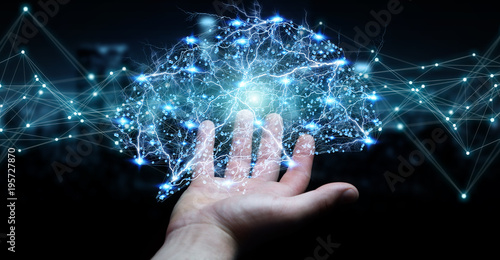 Businessman using digital x-ray human brain interface 3D rendering