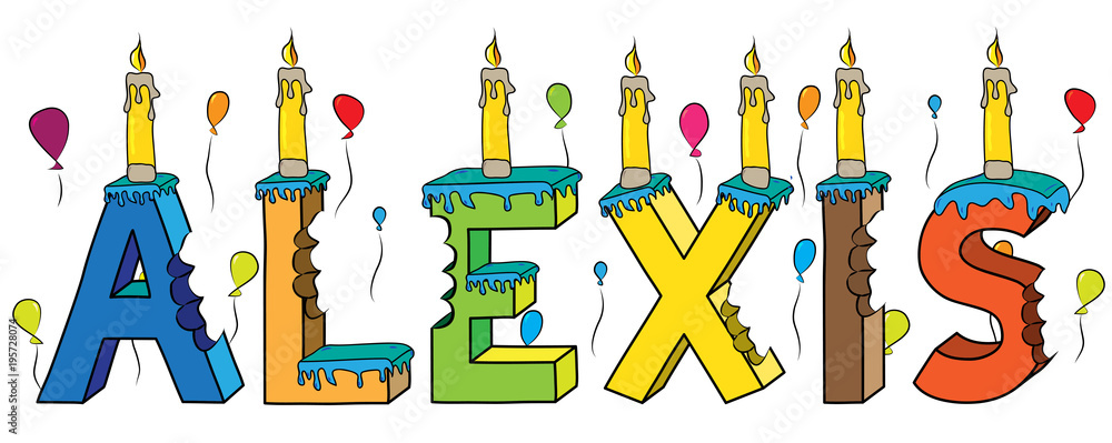 Alexis male first name bitten colorful 3d lettering birthday cake with  candles and balloons Stock-Vektorgrafik | Adobe Stock