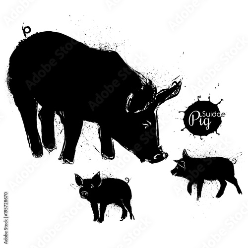 Pig and two little pigs grunge illustration
