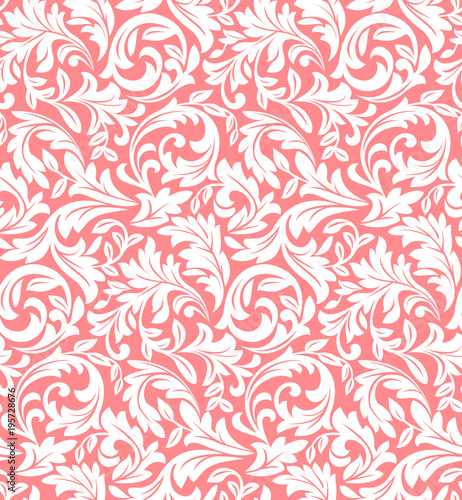 Wallpaper in the style of Baroque. A seamless vector background. White and pink floral ornament. Graphic vector pattern