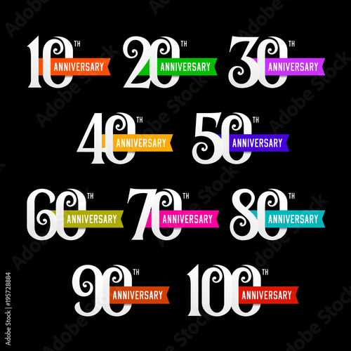 Set of anniversary signs from 10 to 100. Numbers on black background. Stock vector signs design elements.