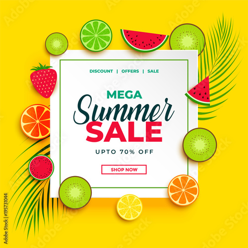 bright summer sale banner with fruits background